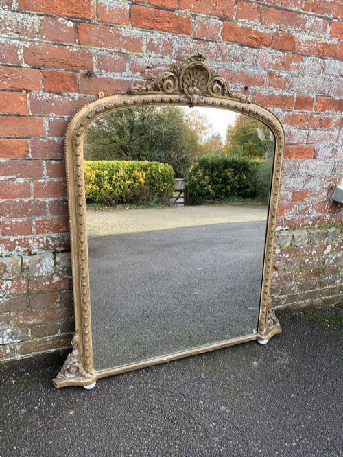 A Delightful Good Size Antique 19th Century English Carved Wood & Gesso Original Gilt Arched Top Overmantle Mirror.