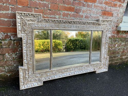 A Superb Antique 19th Century French Carved Wood & Gesso Painted Triple Plated Framed Mirror.