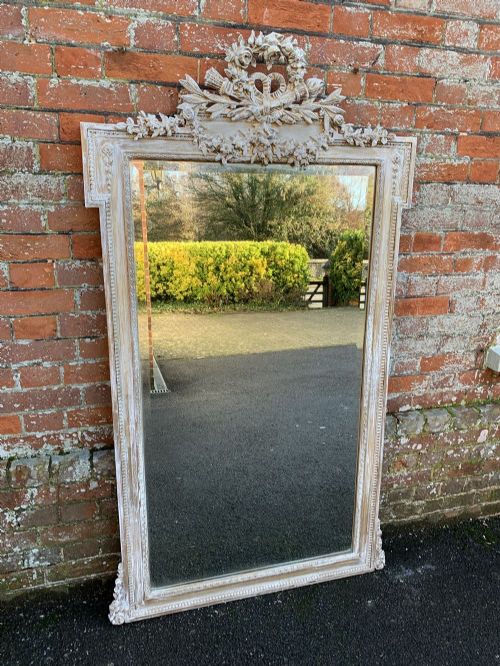 A Fabulous Large Antique French 19th Century Carved Wood & Gesso Distressed Painted Shaped Top Mirror.