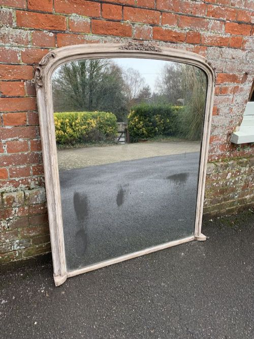 A Fabulous Large Antique English 19th Century Carved Wood & Gesso Arched Top Painted Overmantle Mirror.