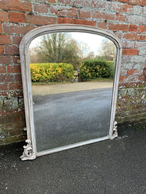 A Wonderful Highly Useful Size Antique English 19th Century Carved Wood & Gesso Arched Top Painted Overmantle Mirror.