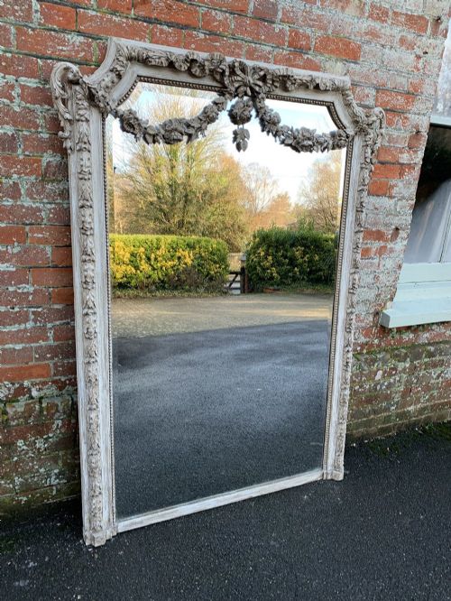 An Absolutely Stunning Large Antique French 19th Century Carved Wood & Gesso Shaped Top Painted Mirror.