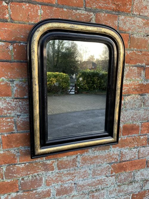 A Highly Useful Size Antique French 19th Century Carved Wood and Gesso Arched Top Black and Silver/gilt Louis Philippe Mirror.