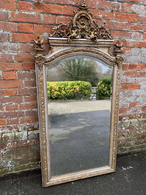 A Fabulous Large Antique French 19th Century Carved Wood & Gesso Original Silver/gilt Shaped Top Mirror.