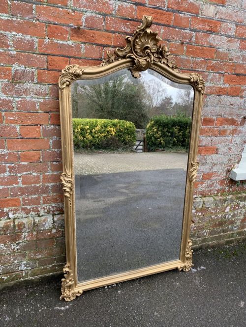 A Stunning Large Antique French 19th Century Carved Wood and Gesso Original Gilt Shaped Top Mirror.