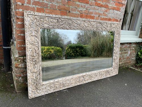 An Exceptional Large Antique French 19th Decorative Carved Wood Painted Mirror.