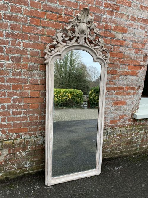 A Delightful Large Antique Shaped Top French 19th Century Carved Wood Painted Mirror.