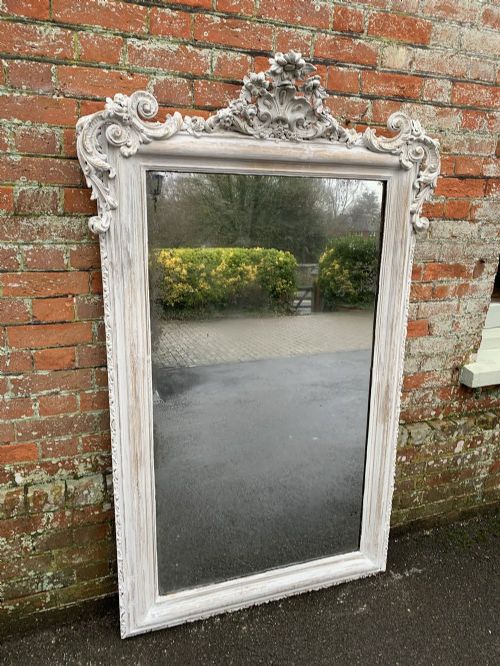 A Spectacular Large Antique French 19th Century Carved Wood and Gesso Distressed Painted Mirror.
