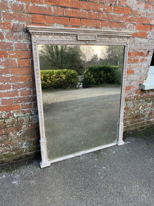A Fabulous Large Antique English 19th Century Carved Wood and Gesso Painted Overmantle Mirror.