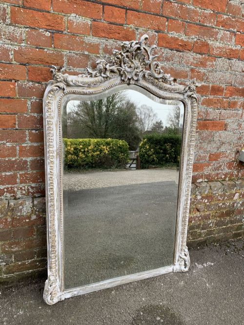 A Stunning Good Size Antique French 19th Century Carved Wood and Gesso Shaped Top Distressed Painted Mirror.