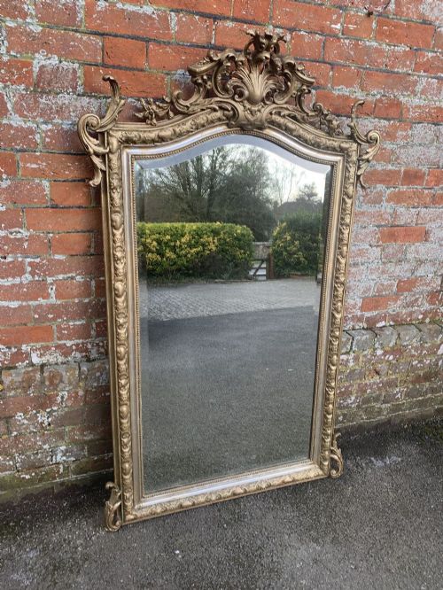 A Delightful Large Antique French 19th Century Carved Wood and Gesso Shaped Top Original Silver/gilt Mirror.