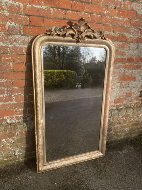 A Fabulous Large Antique 19th Century Carved Wood and Gesso Original Silver/gilt Etched Framed Arched Top Mirror.