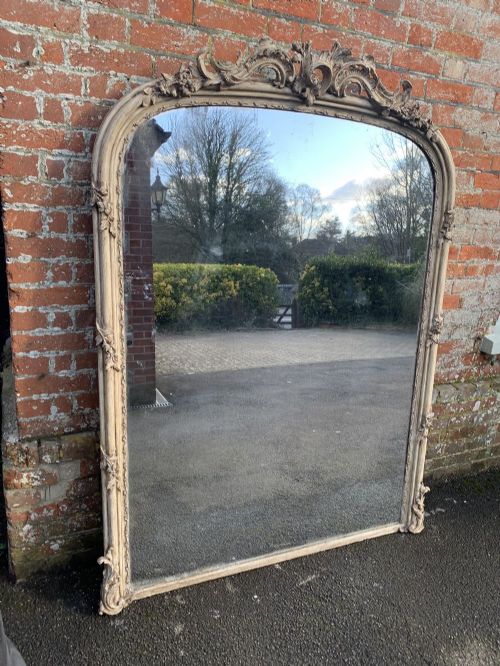 A Spectacular Large Antique French 19th Century Carved Wood & Gesso Arched Top Flowered Painted Framed Mirror.