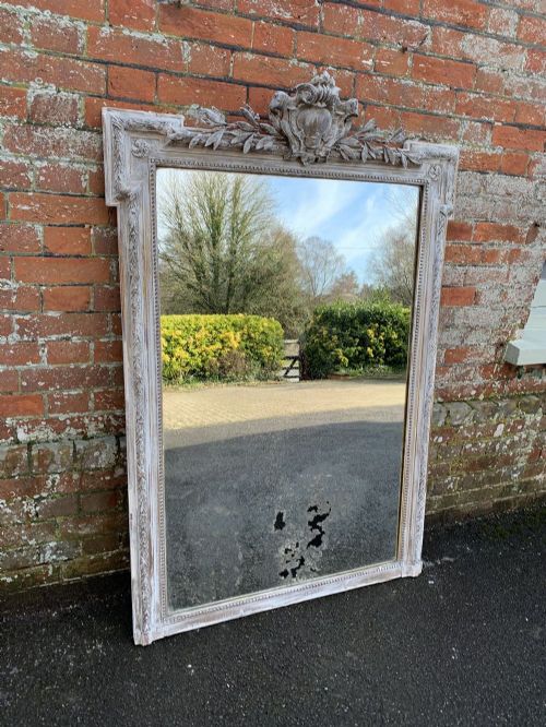 A Wonderful Large Antique French 19th Century Carved Wood & Gesso Distressed Painted Shaped Top Mirror.
