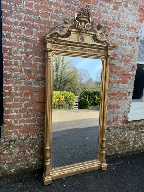 A Spectacular Large Antique French 19th Century Carved Wood & Gesso Original Gilt Column Framed Mirror.