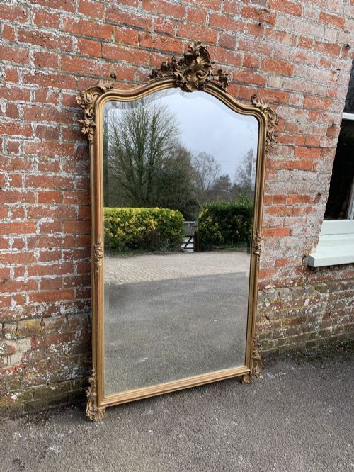 An Exceptional Large Antique French 19th Century Carved Wood & Gesso Shaped Top Original Gilt Mirror.