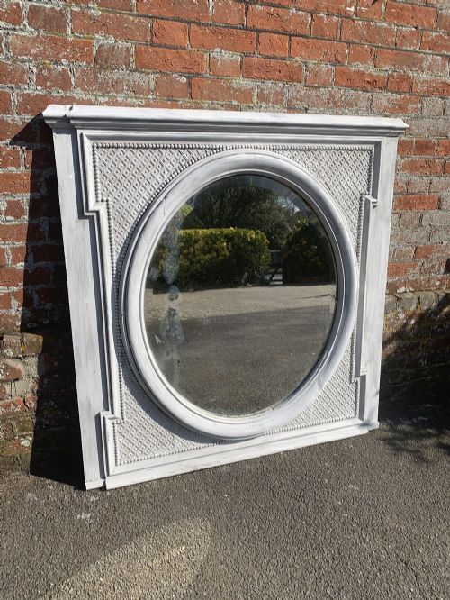 A Stunning Large Antique French 19th Century Carved Wood and Gesso Distressed Painted Lattice Framed & Oval Inset Mirror.