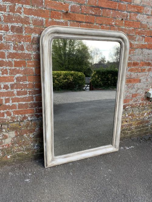 A Large Antique 19th Century French Carved Wood & Gesso Arched Top Painted Louis Philippe Mirror
