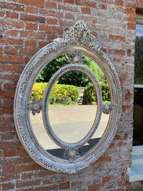 An Absolutely Stunning Highly Decorative Large Antique 19th Century French Carved Wood & Gesso Distressed Painted Oval Cushion Mirror.