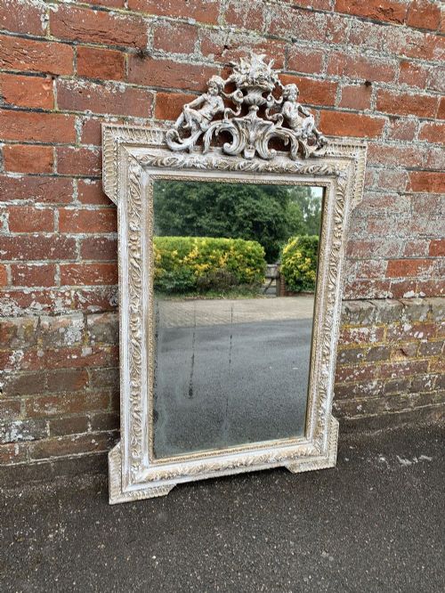 A Stunning Highly Useful Size Antique French 19th Century Carved Wood and Gesso Painted Mirror.
