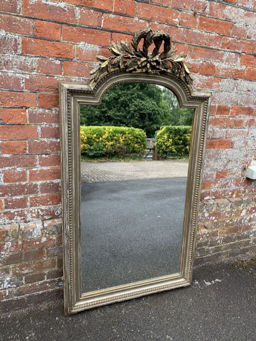 A Superb Large Antique 19th Century French Carved Wood & Gesso Shaped Top Original Silver/gilt Mirror.
