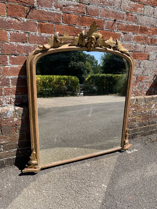 A Wonderful Antique English 19th Century Carved Wood and Gesso Original Gilt Arched Top Overmantle Mirror.