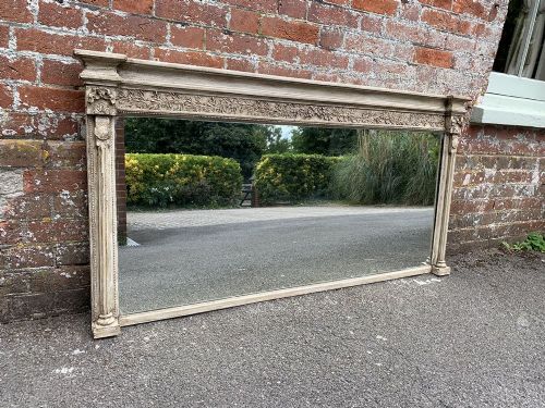 A Delightful Good Size Antique 19th Century English Carved Wood and Gesso Painted Overmantle Mirror.