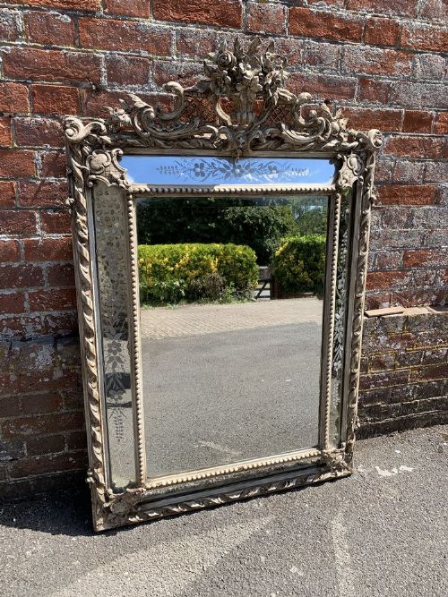 A Superb Large Antique French 19th Century Carved Wood & Gesso Painted Rope Twist Framed Cushion Mirror.