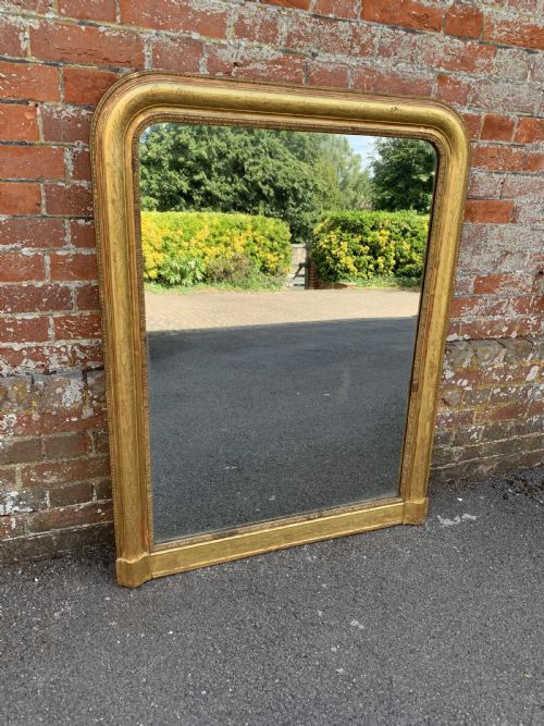 A Wonderful Large Antique French 19th Century Carved Wood and Gesso Arched Top Original Gilt Etched Framed Mirror.