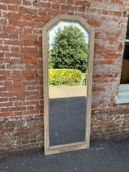 A Delightful Large Antique French 19th Century Carved Wood Painted Shaped Top Plain Mirror.