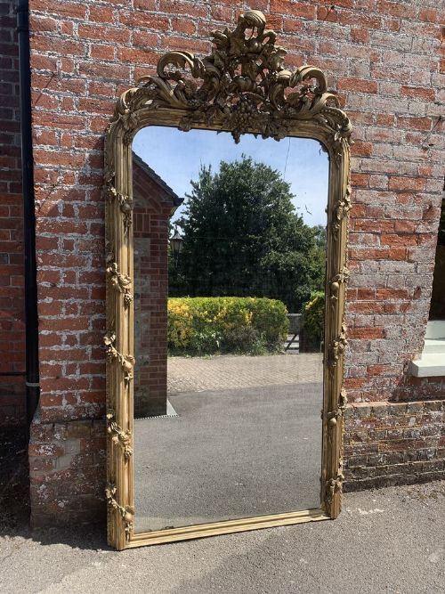A Spectacular Large Antique French 19th Century Carved Wood & Gesso Original Gilt Arched Top Mirror.