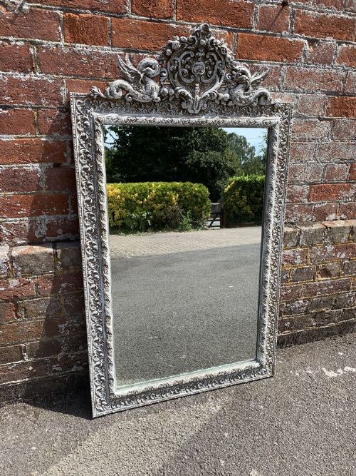 A Fabulous Good Size Antique French 19th Century Carved Wood & Gesso Painted Mirror.