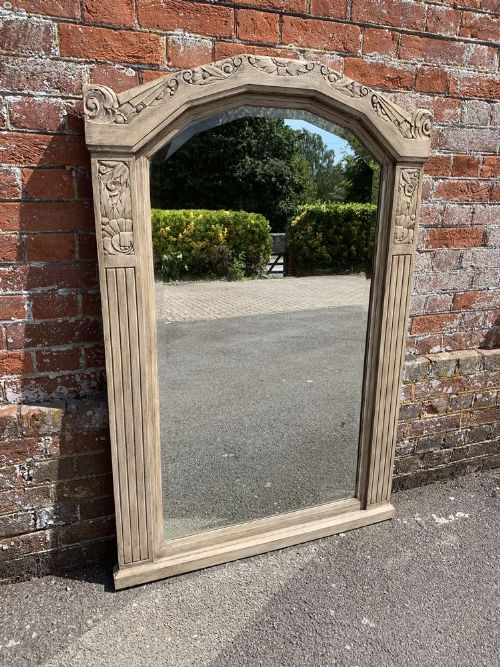 A Delightful Large Antique French 19th Century Carved Wood Painted Shaped Top Mirror.