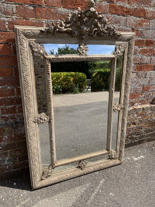 A Wonderful Large Antique French 19th Century Carved Wood and Gesso Painted Cushion Mirror.