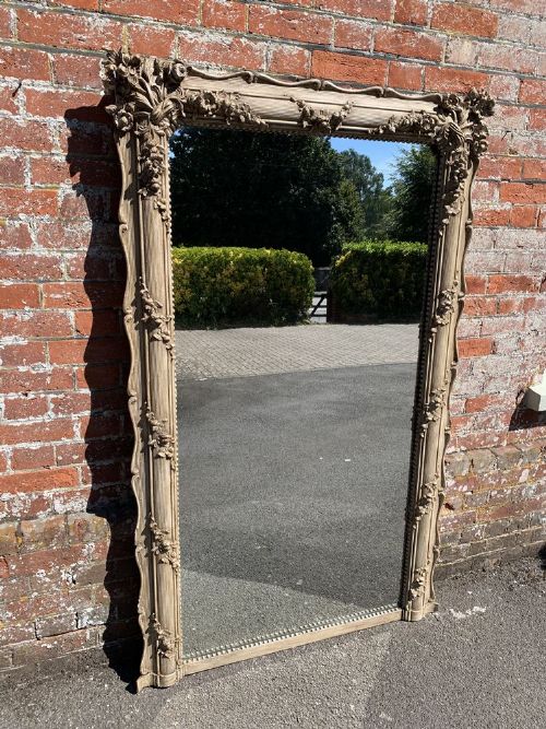 A Stunning Large Antique French 19th Century Carved Wood & Gesso Painted Ornate Flowered Framed Mirror.