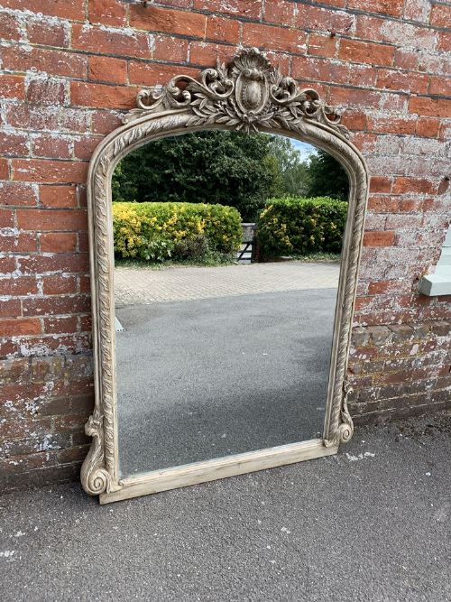 A Stunning Large English Early 20th Century Carved Wood Painted Arched Top Overmantle Mirror.