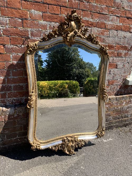 A Superb Large Antique French 19th Century Carved Wood & Gesso Original Silver/gilt Shaped Mirror.