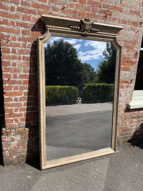 An Exceptional Large Antique French 19th Century Carved Wood & Gesso Shaped Top Painted Mirror.