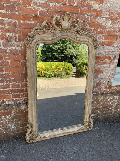 A Wonderful Large Antique French 19th Century Carved Wood & Gesso Shaped Top Painted Mirror.