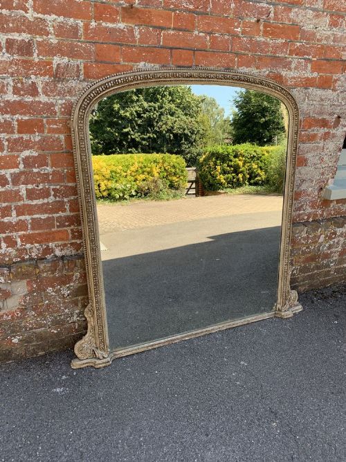 A Fabulous Large Antique English 19th Century Carved Wood & Gesso Arched Top Painted Overmantle Mirror.