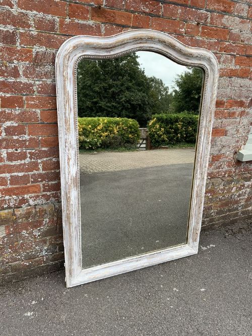 A Stunning Large Antique French 19th Century Carved Wood and Gesso Shaped Top Distressed Painted & Gilt Etched Framed Mirror.