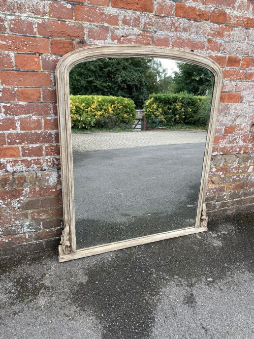 A Wonderful Large Antique English 19th Century Carved Wood and Gesso Arched Top Painted Overmantle Mirror.