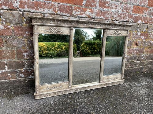 A Highly Unusual Size Antique English 19th Century Carved Wood and Gesso Triple Plate Painted Overmantle Mirror.