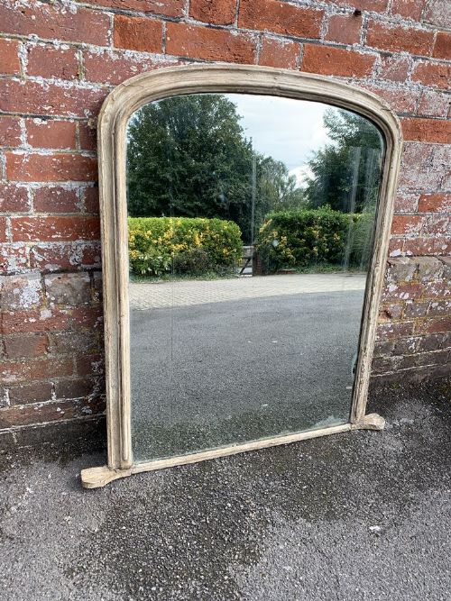 A Highly Useful Size Antique English Carved Wood & Gesso Slightly Distressed Arched Top Painted Overmantle Mirror.