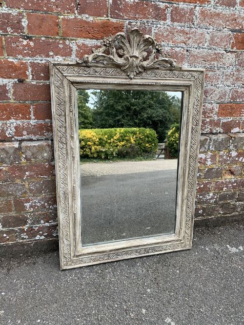 A Highly Useful Size Antiques French 19th Century Carved Wood & Gesso Distressed Painted Mirror.