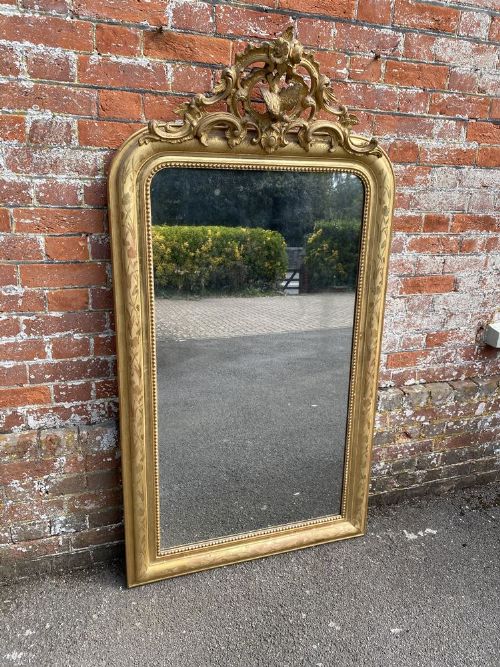 A Superb Large Antique French 19th Century Carved Wood and Gesso Original Gilt Etched Framed Arched Top Mirror.