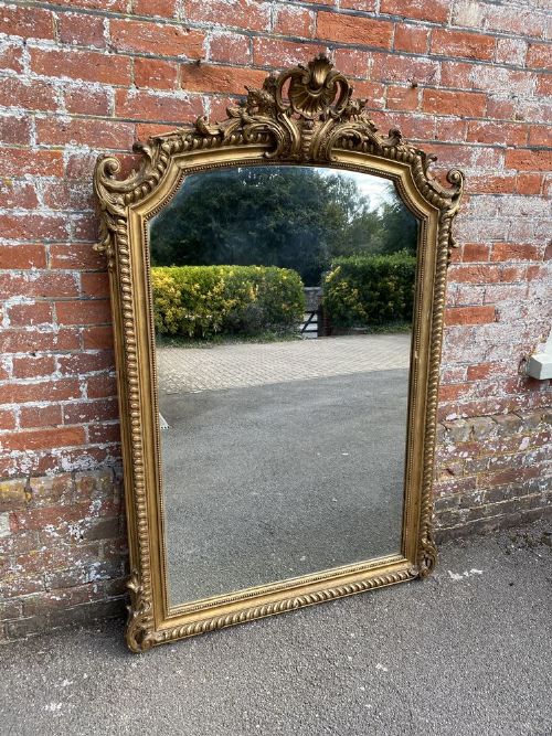A Fabulous Large Antique French 19th Century Carved Wood & Gesso Original Gilt Shaped Top Mirror.
