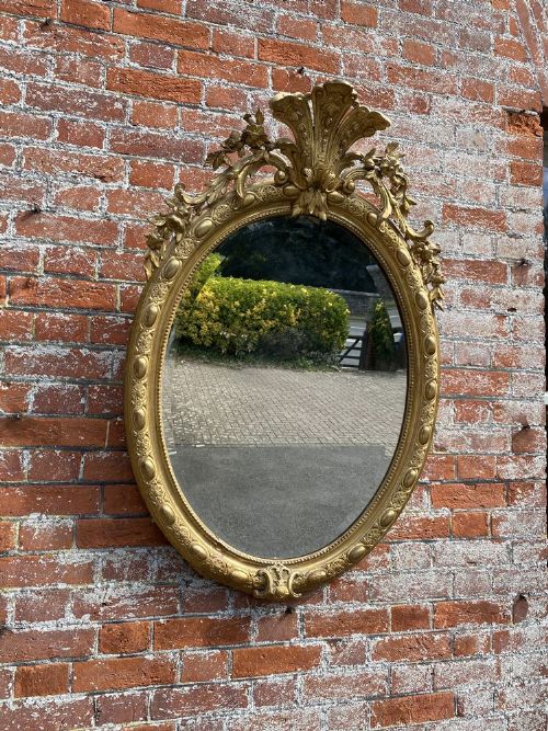 A Spectacular Good Size Antique French 19th Century Carved Wood & Gesso Original Gilt Oval Mirror.