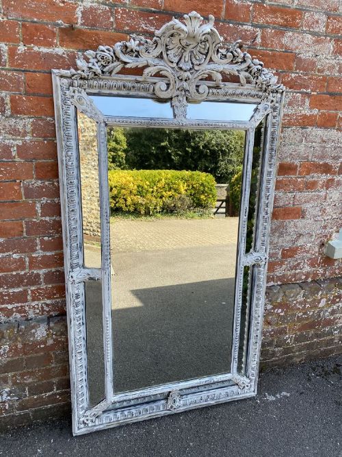 A Stunning Large Antique French 19th Century Carved Wood & Gesso Distressed Painted Cushion Mirror.