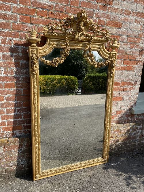 A Sensational Large Antique French 19th Century Carved Wood & Gesso Shaped Top Original Gilt Mirror.